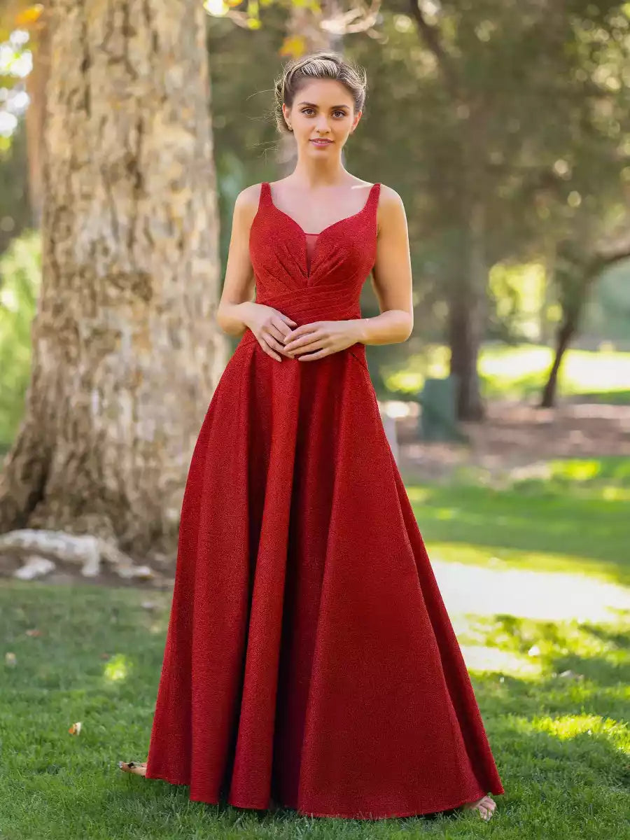 Prom Dresses with a deep V-neck A-line chiffon and sleeveless pleated zipper back that attracts attention